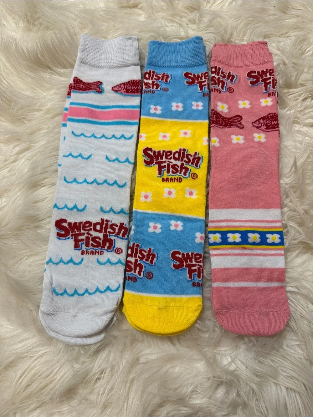 New, Sweetish Fish Colorful Crew Socks - Pink, White, Blue, Yellow